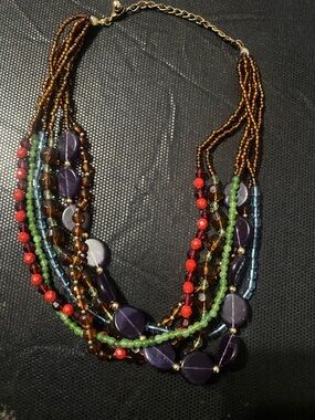 Multi-Color Beaded Statement Necklace with Purple Accents